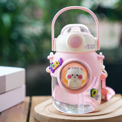 1 bucată 820 ml ceașcă de apă de desene animate cu paie de vară de capacitate mare sticle de apă de călătorie pentru studenți kawaii, ceainic portabil din plastic