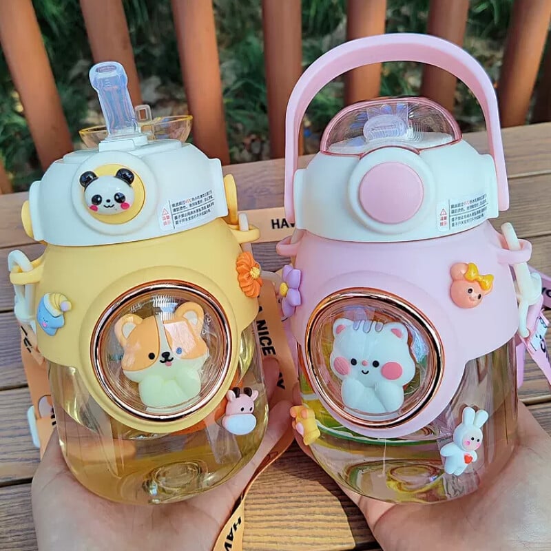 1 bucată 820 ml ceașcă de apă de desene animate cu paie de vară de capacitate mare sticle de apă de călătorie pentru studenți kawaii, ceainic portabil din plastic