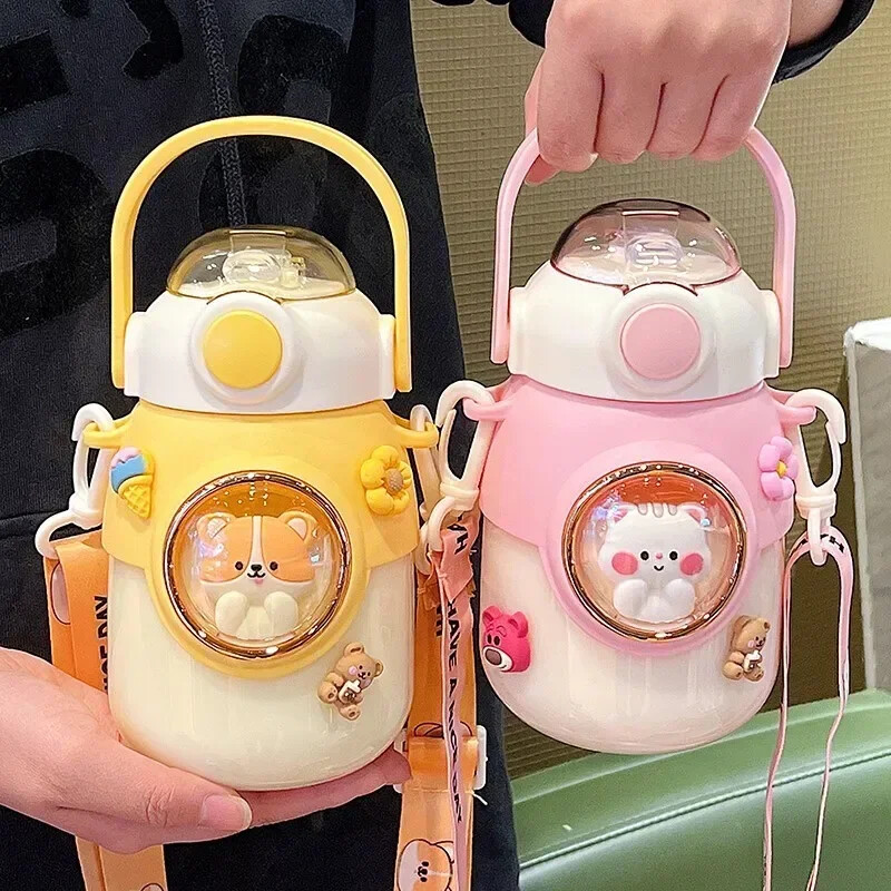 1 bucată 820 ml ceașcă de apă de desene animate cu paie de vară de capacitate mare sticle de apă de călătorie pentru studenți kawaii, ceainic portabil din plastic