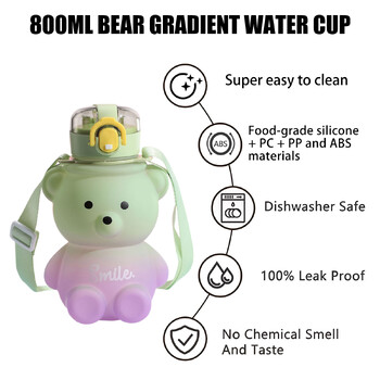 800 ml нова бутилка за пиене с голям капацитет Kawaii Bear Straw Bottle Сладък градиент, цветен за момичета за училище, пътуване на открито