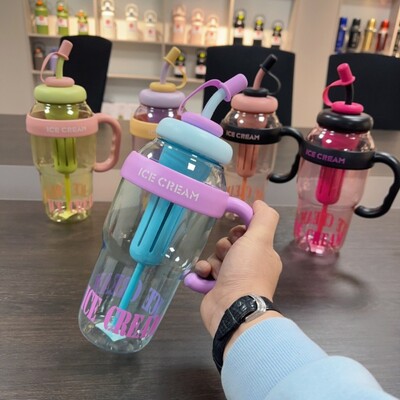 Drăguță sticlă de apă din plastic rezistentă la scurgeri, portabilă, cu burtă mare, cu mâner, 1300 ML, ceașcă de apă pentru sport de capacitate mare, băieți, fete