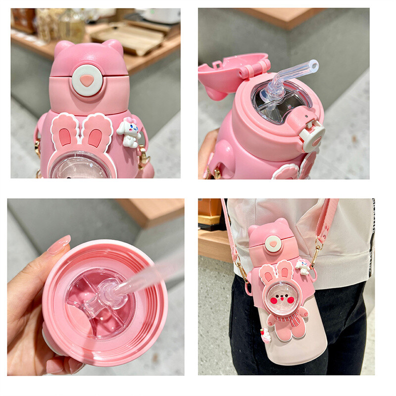 Sticla de apă pentru copii din desene animate de 680 ml cu paie pentru școală, fete, ceașcă portabilă pentru călătorie în aer liber, cadouri fără BPA