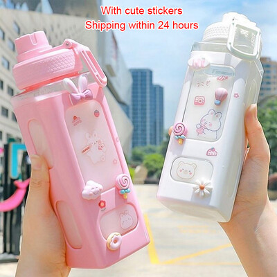 Sticla de apă Kawaii Shaker cu autocolant cu paie Drăguț fără BPA 700 ml/900 ml din plastic, ceai, lapte, sticla portabilă de băutură cu tărtăcuță pentru fată