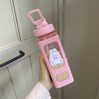 Μπουκάλι νερού Kawaii Shaker με αυτοκόλλητο από άχυρο Cute χωρίς BPA 700ml/900ml Πλαστικό Φορητό Μπουκάλι Ροφήματος Gourde για κορίτσι
