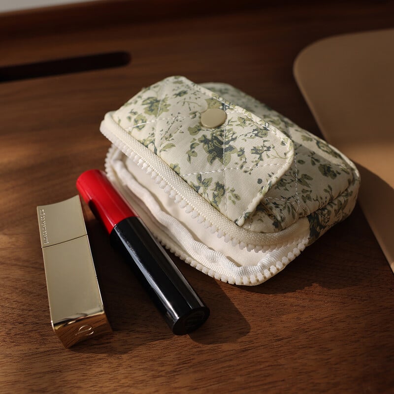 Poșetă portabilă pentru monede multifuncțională pentru femei, cu flori mici, cu flori de desene animate, drăguț, geantă de depozitare pentru suport de card