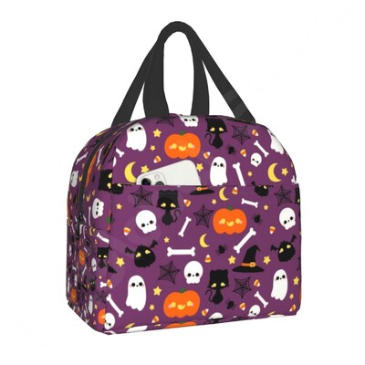 Geantă de prânz termoizolantă cu model de vrăjitoare cu ierburi, pentru biroul școlii, Halloween, pisica, craniu, răcitor etanș, cutie termică Bento, femei, copii