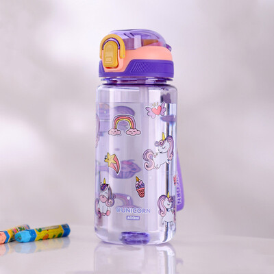 Sticla de apă din plastic sănătoasă pentru copii de 600 ml, cu paie, fără BPA, rezistentă la scurgeri, durabilă, care nu se sparge, sticla de băut pentru copii