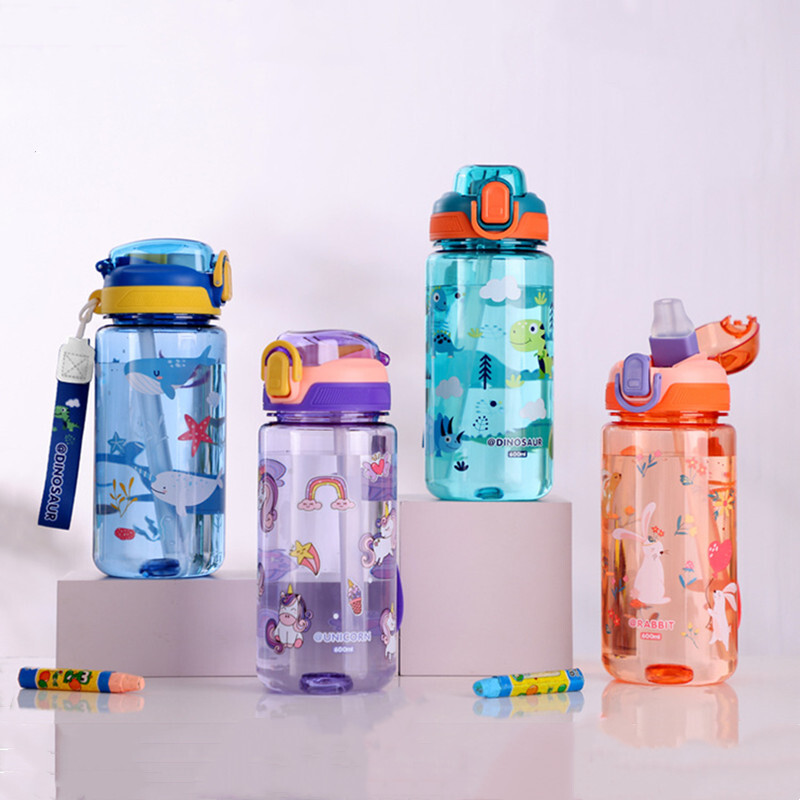 Sticla de apă din plastic sănătoasă pentru copii de 600 ml, cu paie, fără BPA, rezistentă la scurgeri, durabilă, care nu se sparge, sticla de băut pentru copii