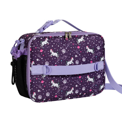 Geantă de prânz pentru copii cu imprimeu unicorn Cutie de prânz reutilizabilă cu suport extern pentru sticle, izolat dublu, rezistent la apă, pentru copii 3 ani+