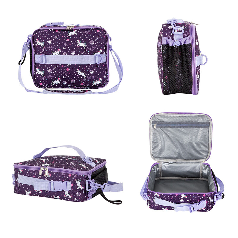 Geantă de prânz pentru copii cu imprimeu unicorn Cutie de prânz reutilizabilă cu suport extern pentru sticle, izolat dublu, rezistent la apă, pentru copii 3 ani+