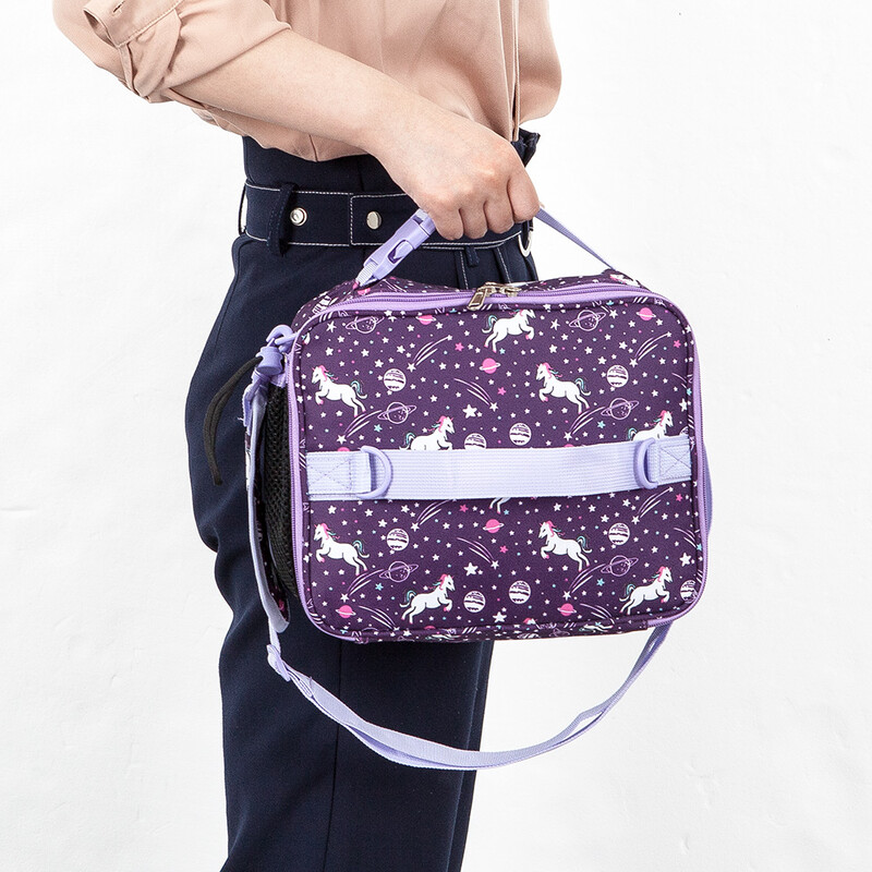 Geantă de prânz pentru copii cu imprimeu unicorn Cutie de prânz reutilizabilă cu suport extern pentru sticle, izolat dublu, rezistent la apă, pentru copii 3 ani+