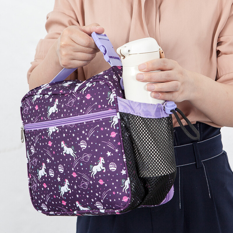Geantă de prânz pentru copii cu imprimeu unicorn Cutie de prânz reutilizabilă cu suport extern pentru sticle, izolat dublu, rezistent la apă, pentru copii 3 ani+
