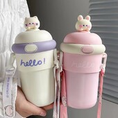 500ML Kawaii Бутилка за вода със сламка Стъклена бутилка за вода с голям капацитет за пътуване Преносима раница Чайник Детска чаша Без BPA