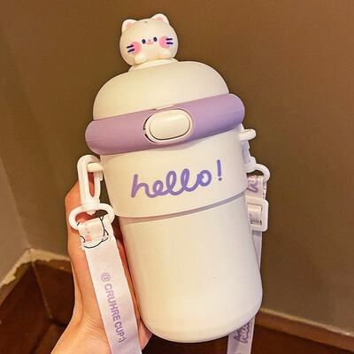 500ML Kawaii Бутилка за вода със сламка Стъклена бутилка за вода с голям капацитет за пътуване Преносима раница Чайник Детска чаша Без BPA