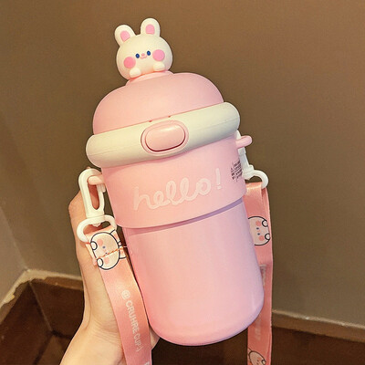 500ML Kawaii Бутилка за вода със сламка Стъклена бутилка за вода с голям капацитет за пътуване Преносима раница Чайник Детска чаша Без BPA