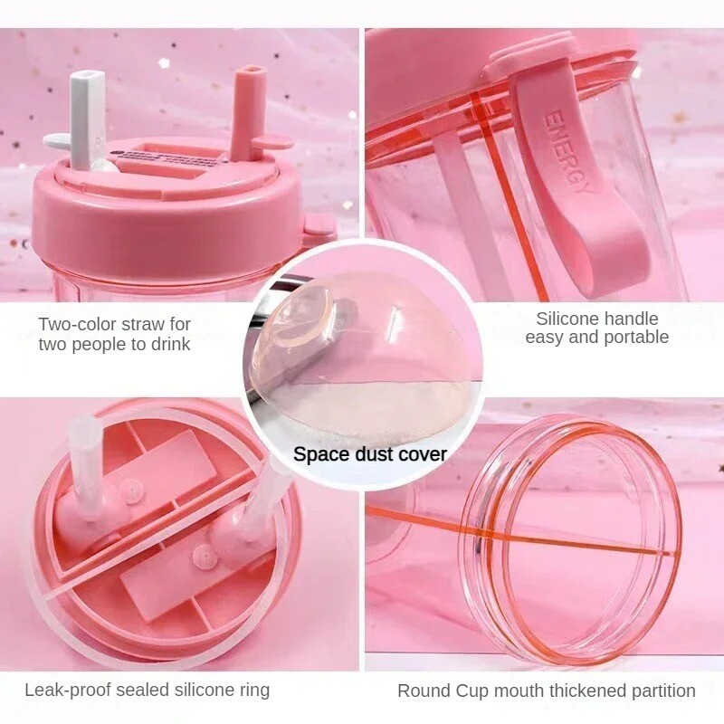 Sticlă de băut dublă de 420/600 ml, drăguță, studentă, ceașcă dublă cu paie, cu mâner, sticla portabilă de apă din plastic