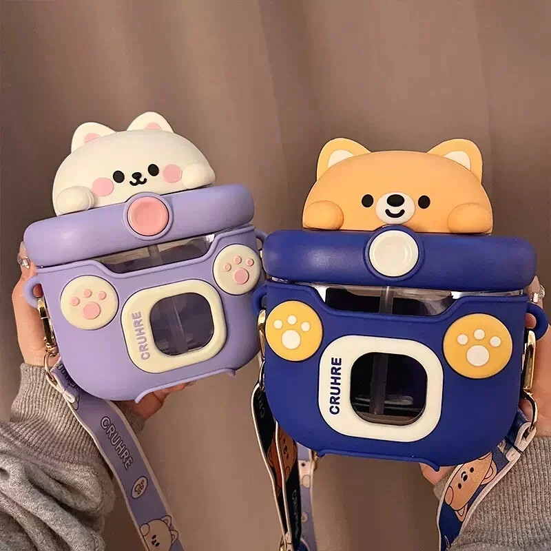 Kawaii karu veekeetja kõrrega veepudel 550 ml armas laste veetass, suure mahutavusega plastikust õlgedest joogitass, laps kooli jaoks