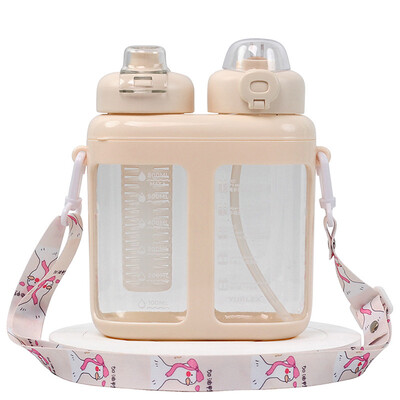 Dvostruke slamčice za vodu s oznakom vremena za djecu, veliki kapacitet, plastika, mlijeko, šalica za voćni sok, vanjska 1600 ml