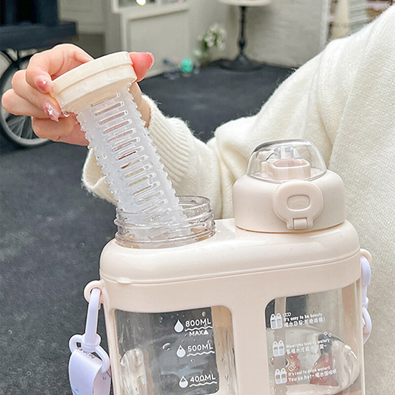 Dvostruke slamčice za vodu s oznakom vremena za djecu, veliki kapacitet, plastika, mlijeko, šalica za voćni sok, vanjska 1600 ml