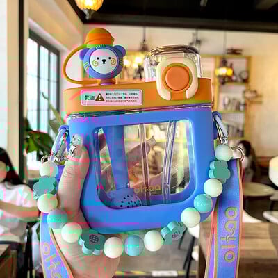 Sticle de apă plate Kawaii de 580/800 ML pentru fete și copii Sticle de băutură dublă din plastic Tritan, cu curea, filtru cu paie, fără BPA