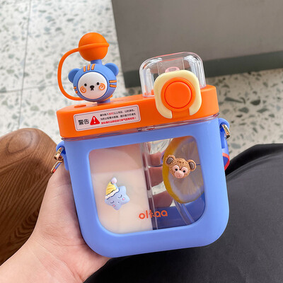 Sticle de apă plate Kawaii de 580/800 ML pentru fete și copii Sticle de băutură dublă din plastic Tritan, cu curea, filtru cu paie, fără BPA
