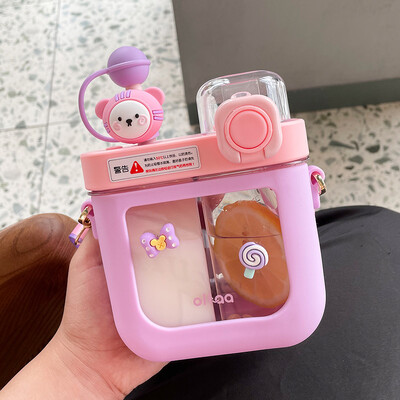 Sticle de apă plate Kawaii de 580/800 ML pentru fete și copii Sticle de băutură dublă din plastic Tritan, cu curea, filtru cu paie, fără BPA