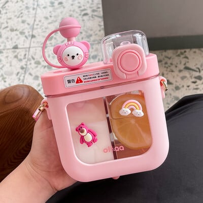 Sticle de apă plate Kawaii de 580/800 ML pentru fete și copii Sticle de băutură dublă din plastic Tritan, cu curea, filtru cu paie, fără BPA