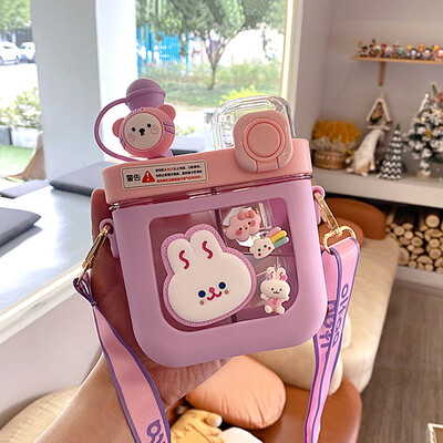 Sticle de apă plate Kawaii de 580/800 ML pentru fete și copii Sticle de băutură dublă din plastic Tritan, cu curea, filtru cu paie, fără BPA