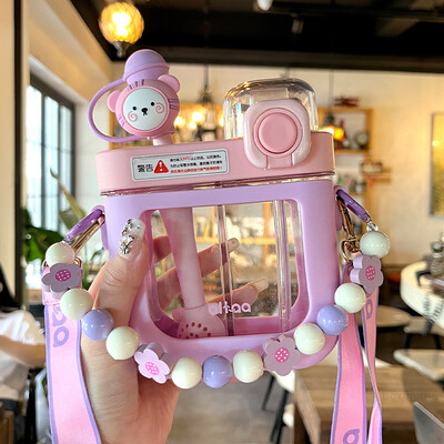 Sticle de apă plate Kawaii de 580/800 ML pentru fete și copii Sticle de băutură dublă din plastic Tritan, cu curea, filtru cu paie, fără BPA