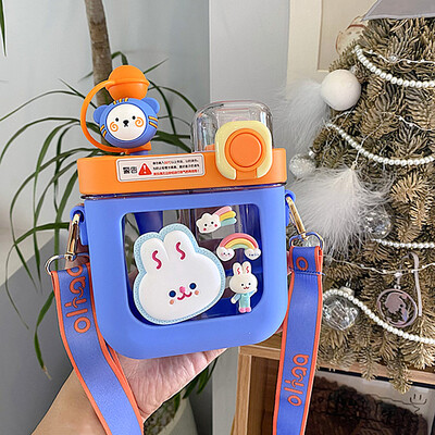 Sticle de apă plate Kawaii de 580/800 ML pentru fete și copii Sticle de băutură dublă din plastic Tritan, cu curea, filtru cu paie, fără BPA