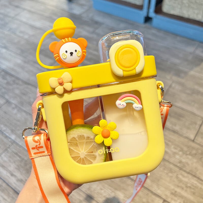 Sticle de apă plate Kawaii de 580/800 ML pentru fete și copii Sticle de băutură dublă din plastic Tritan, cu curea, filtru cu paie, fără BPA