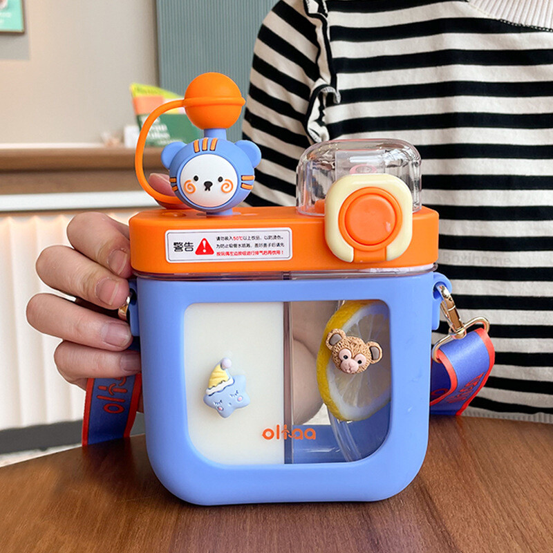 Sticle de apă plate Kawaii de 580/800 ML pentru fete și copii Sticle de băutură dublă din plastic Tritan, cu curea, filtru cu paie, fără BPA