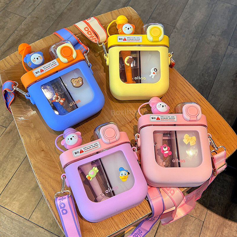 Sticle de apă plate Kawaii de 580/800 ML pentru fete și copii Sticle de băutură dublă din plastic Tritan, cu curea, filtru cu paie, fără BPA