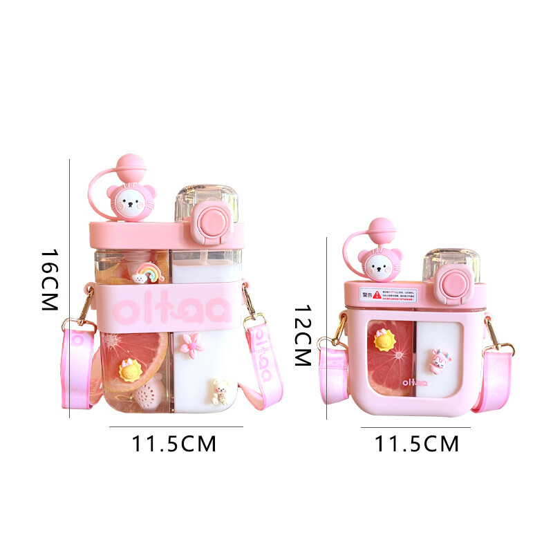 Sticle de apă plate Kawaii de 580/800 ML pentru fete și copii Sticle de băutură dublă din plastic Tritan, cu curea, filtru cu paie, fără BPA