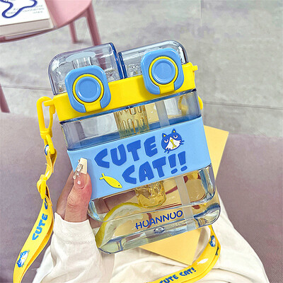 Armas ruudukujuline kahekordne joogiveepudel õlgedega BPA-vaba, suure mahutavusega laste tüdrukute Jumbo plastikust tass koos teekambriga