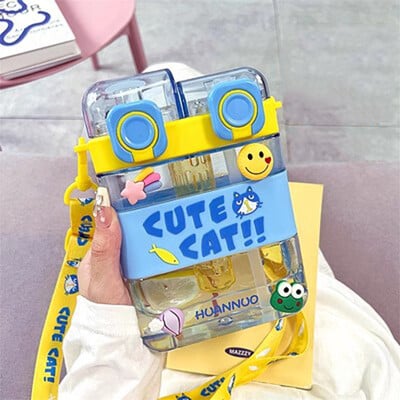 Armas ruudukujuline kahekordne joogiveepudel õlgedega BPA-vaba, suure mahutavusega laste tüdrukute Jumbo plastikust tass koos teekambriga