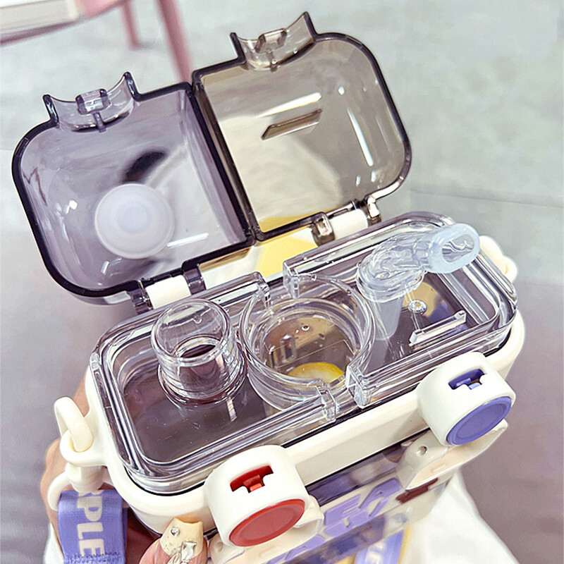 Armas ruudukujuline kahekordne joogiveepudel õlgedega BPA-vaba, suure mahutavusega laste tüdrukute Jumbo plastikust tass koos teekambriga