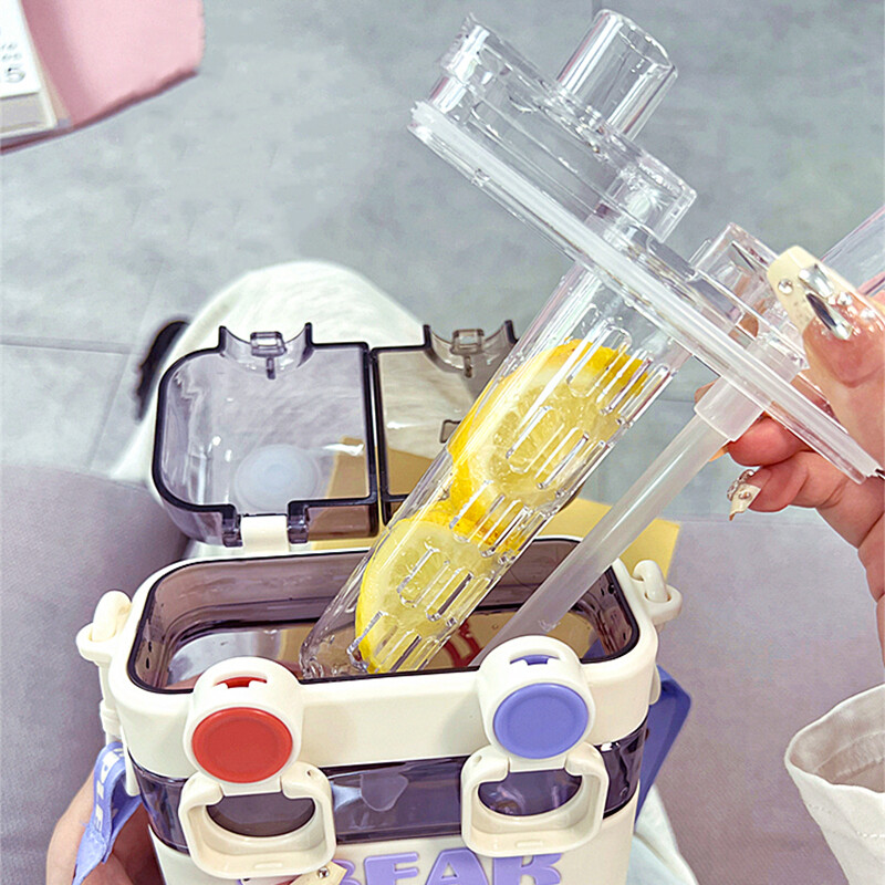 Armas ruudukujuline kahekordne joogiveepudel õlgedega BPA-vaba, suure mahutavusega laste tüdrukute Jumbo plastikust tass koos teekambriga