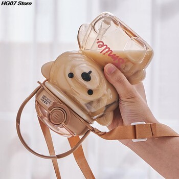 1000ml Μεγάλης χωρητικότητας Cartoon Bear Plastic Sippy Cup Παιδικό φορητό σακίδιο πλάτης Βραστήρας Κούπα με μπουκάλι νερού με ψάθινο κύπελλο