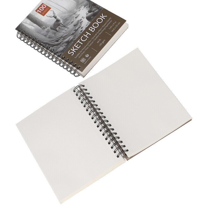 Επαγγελματικό βιβλίο σκίτσων 100 φύλλων 5,83"x9" με σπειροειδή δεμένο και σκληρό εξώφυλλο - Λευκό χαρτί σκίτσων χωρίς οξύ (100g)