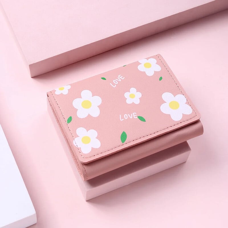Portofel drăguț din piele PU cu imprimare cu flori, geantă de bani pentru fete, portmoneu de designer de marcă, portofel pentru femei