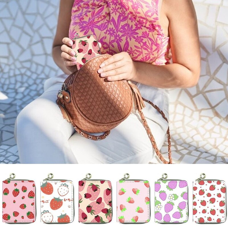 Fruit Strawberry lühike rahakott, kaasaskantav PU-nahast tõmblukuga mündikott, mitme kaardiga rahakott naistele
