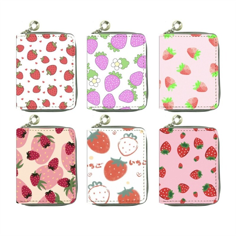 Fruit Strawberry lühike rahakott, kaasaskantav PU-nahast tõmblukuga mündikott, mitme kaardiga rahakott naistele