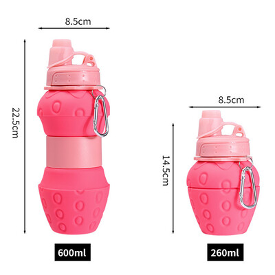 Sticla de apă portabilă pentru sport, 600 ml, pliabilă pentru copii, pentru călătorie, sticla de apă în formă de căpșuni, ceașcă telescopică din silicon