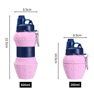Sticla de apă portabilă pentru sport, 600 ml, pliabilă pentru copii, pentru călătorie, sticla de apă în formă de căpșuni, ceașcă telescopică din silicon