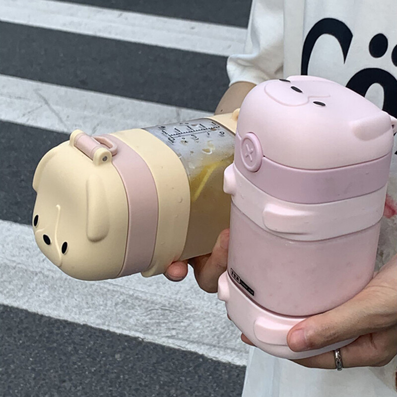 Sticle de apă cu paie de cățeluș drăguț de 500 ml pentru copii, fete, cană pătrată din plastic, portabilă, în aer liber, rezistentă la scurgeri, tritan, fără BPA