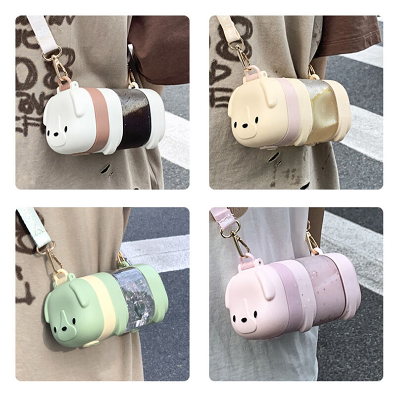 Sticle de apă cu paie de cățeluș drăguț de 500 ml pentru copii, fete, cană pătrată din plastic, portabilă, în aer liber, rezistentă la scurgeri, tritan, fără BPA