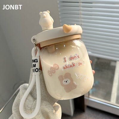 Бутилка за вода Kawaii Bear Jumbo Boba 800 ml Сладка пластмасова бутилка за чай с мехурчета за пътуване Преносима бутилка за напитки със стикер Сламка Без BPA