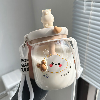 Kawaii Bear Jumbo Boba veepudel 800 ml armas plastikust mulli teemahla reisikaasaskantav joogipudel kleebise kõrrega BPA-vaba