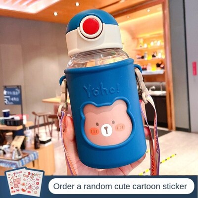 Sticla de apă cu urs de desene animate din plastic 620 ML ceașcă cu paie pentru copii de capacitate mare, ceașcă portabilă cu apă pentru sport, etanșă, școală, băieți, fete